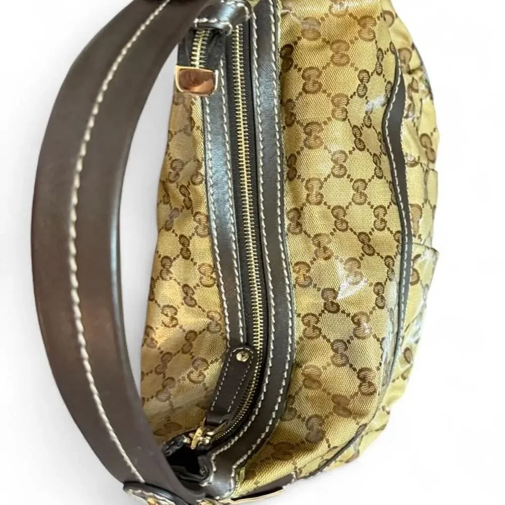 Gucci GG Crystal Mix Hobo Bag Brown Monogram Coated Canvas Leather Shoulder